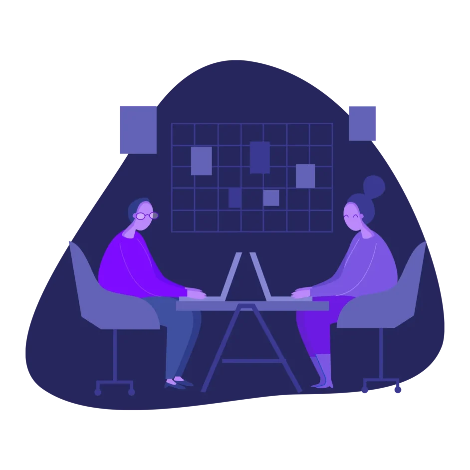 illustration of two people sitting at desks working at laptops in a purple-toned office setting