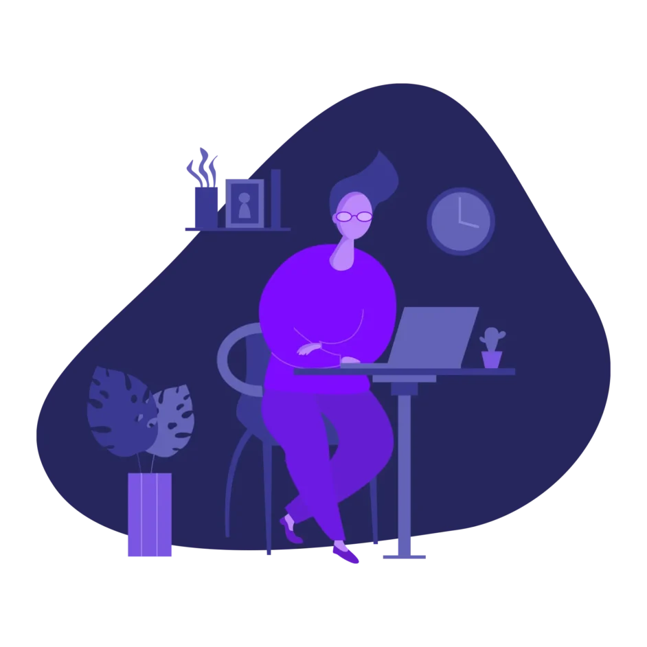 illustration of a person with glasses working at a laptop in a purple-toned office setting