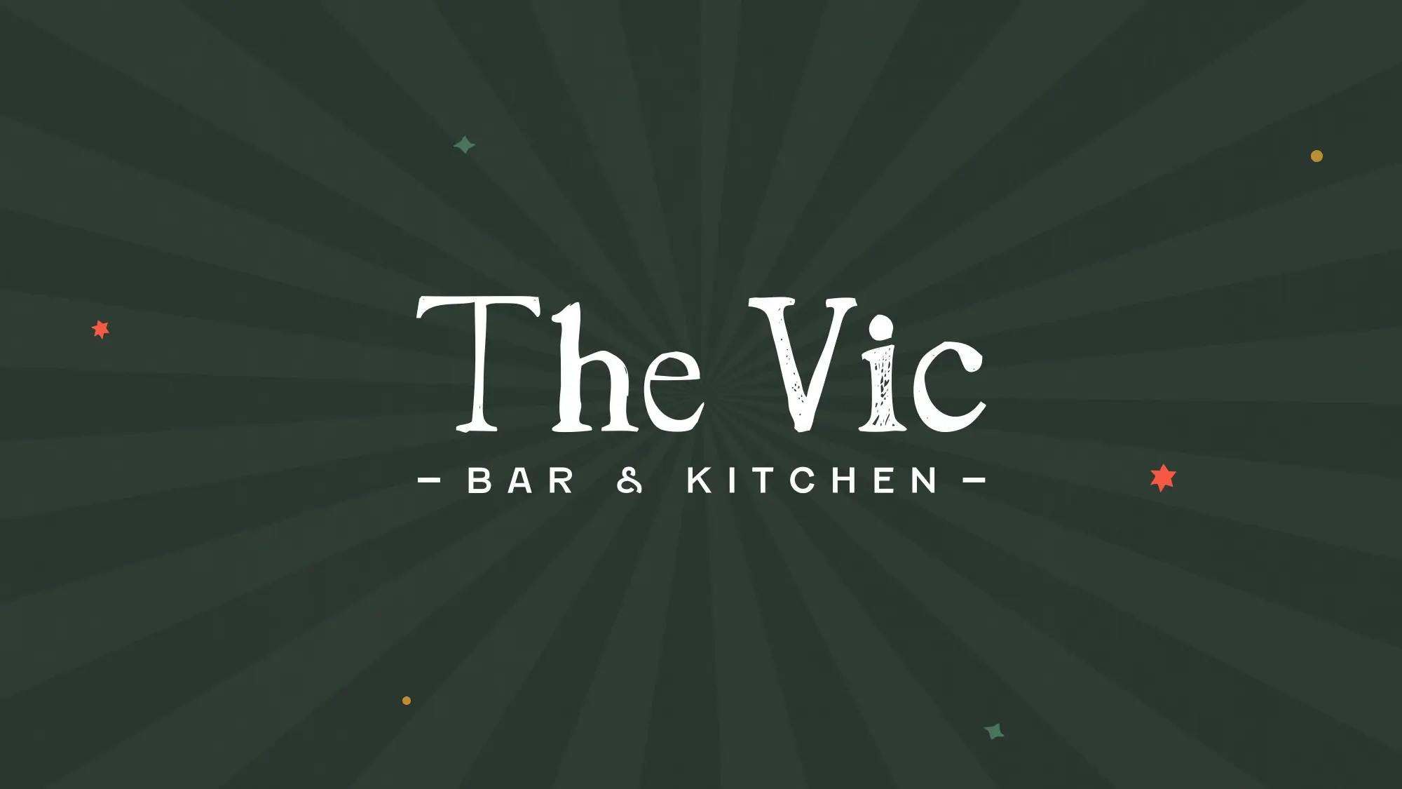 a logo for The Vic - Bar and Kitchen in white text against a dark green background with subtle sun rays and small scattered star shapes