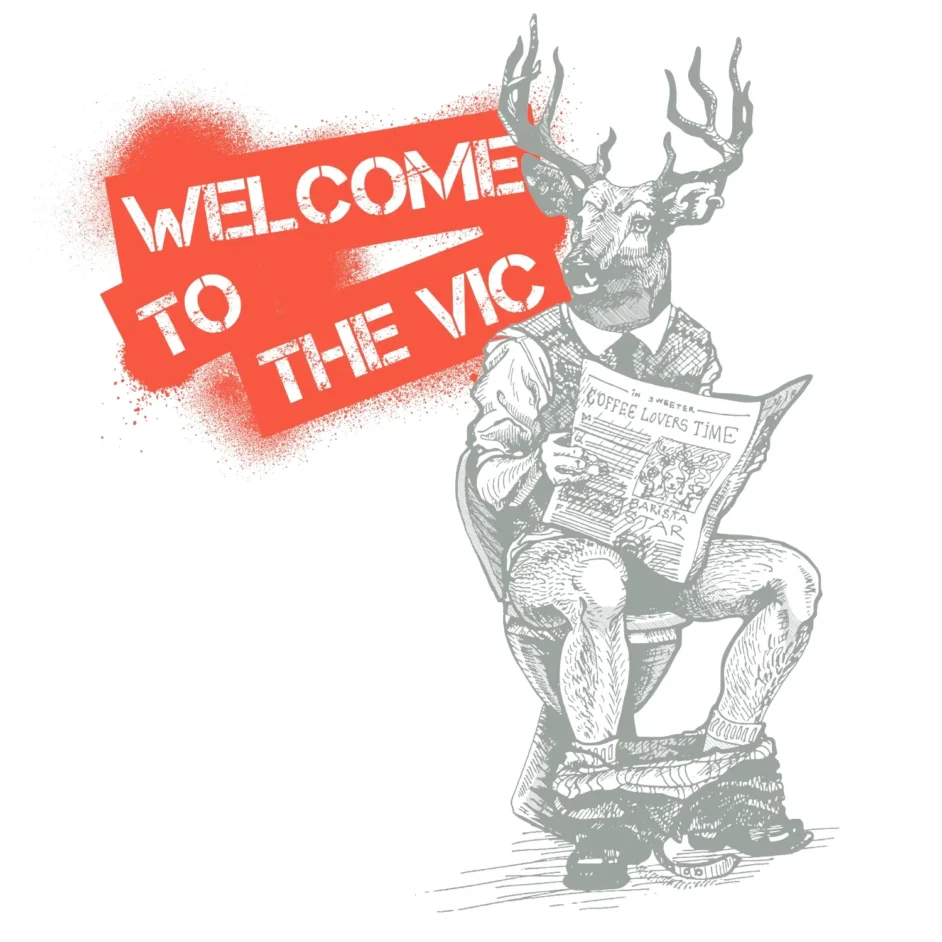 an illustrated graphic of a deer-headed man in a shirt and waistcoat sitting on a toilet, reading a newspaper, orange spray-painted text says 