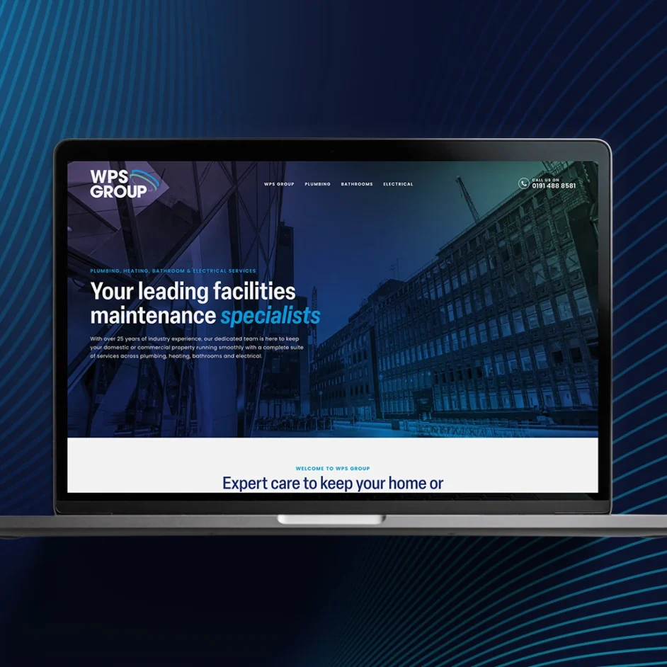 A graphic of Whickham Plumbing website on a laptop screen with a blue background.