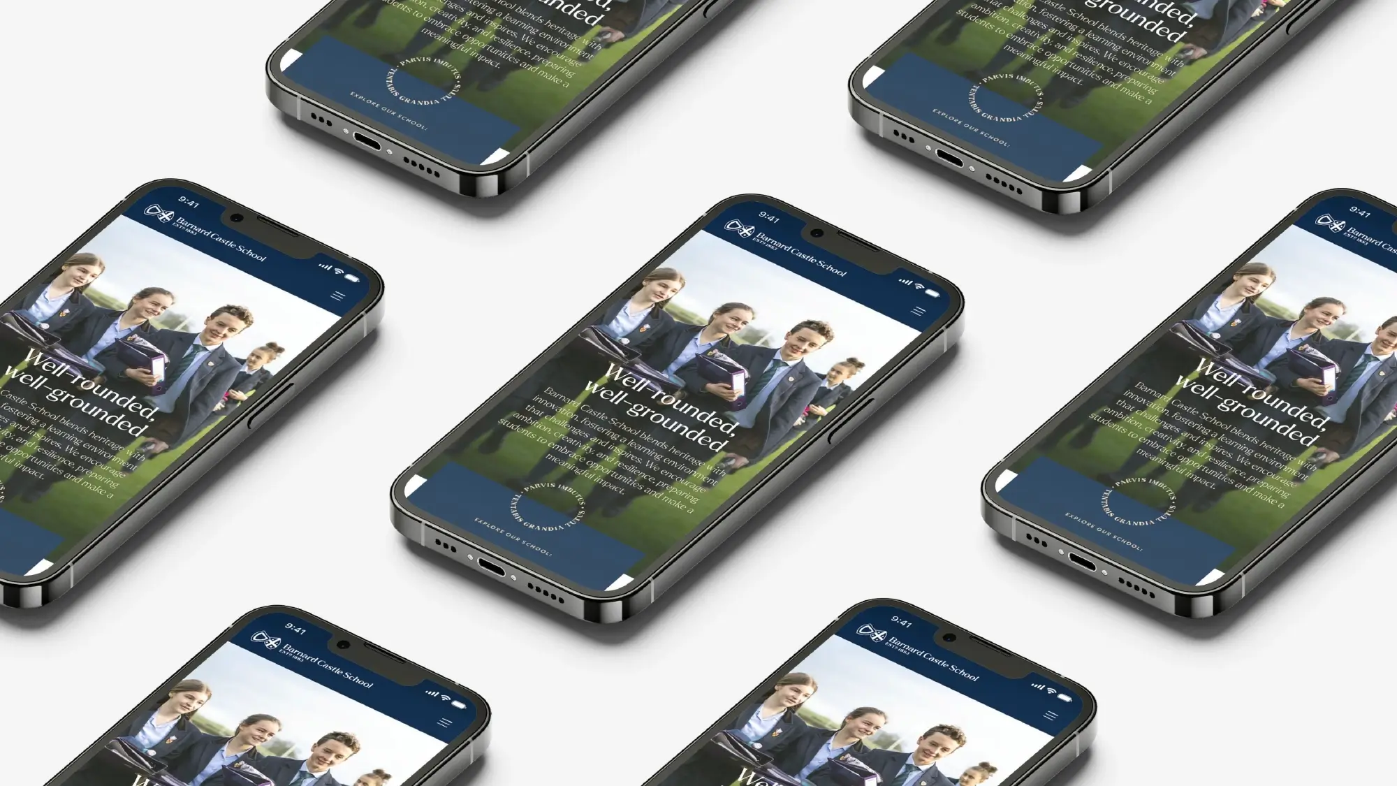 A selection of iPhones displaying the new Barnard Castle School website.
