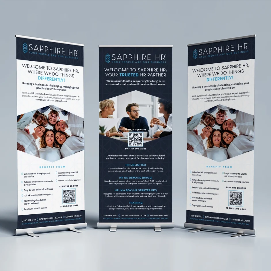 Three pull up banners designed around Sapphire HR's new website design.